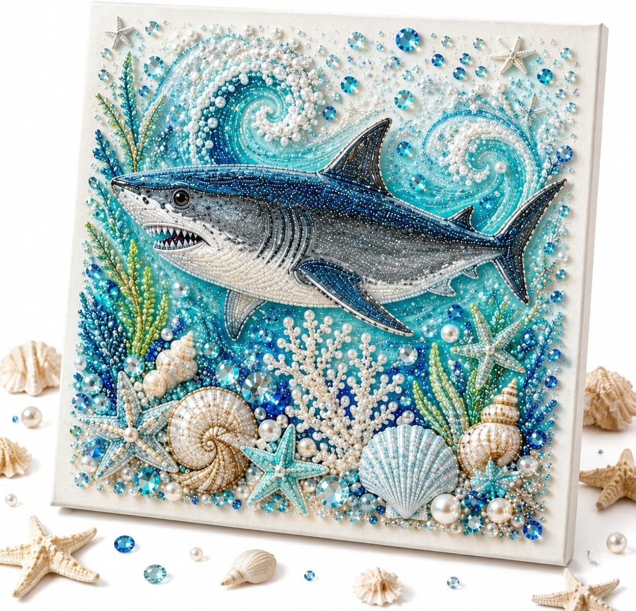🌊Ocean Shark Pearl Art DIY Kit – Sparkling Coastal Wall Décor